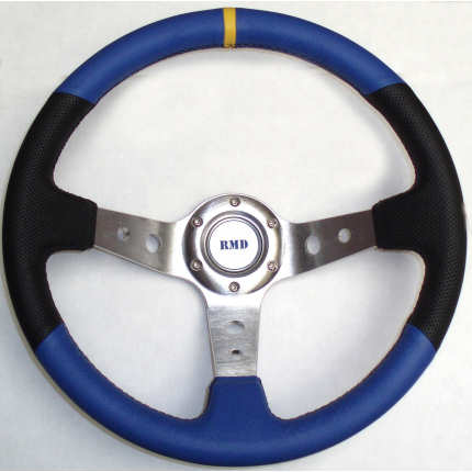 Rally 350mm Black/Blue Leather - Silver Spokes - Dished